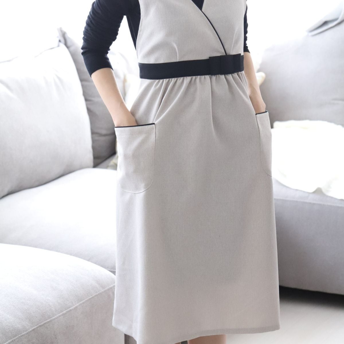 おしゃれエプロン　カシュクールパイピングリボン　エクリュ｜M苦楽園オリジナル｜ホワイト