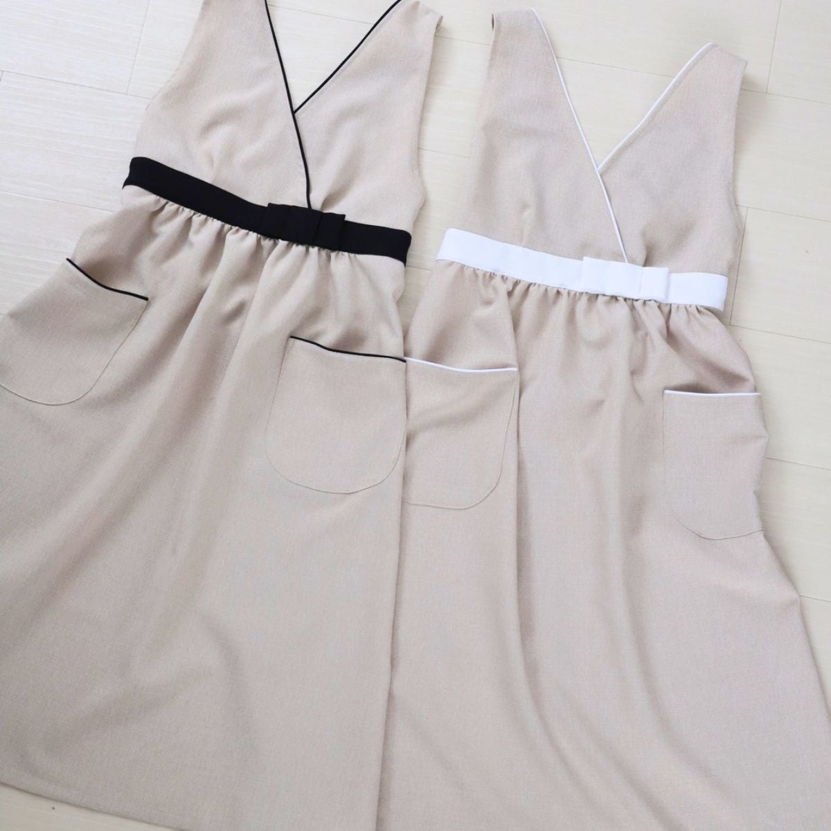 おしゃれエプロン　カシュクールパイピングリボン　エクリュ｜M苦楽園オリジナル｜